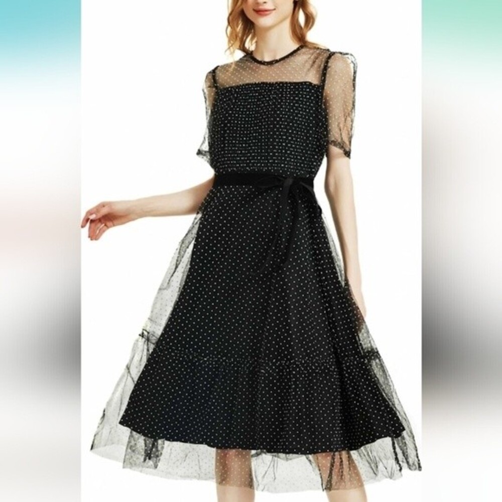 AMJILT Elegant Black and White Polka Dot Sheer Overlay Dress Size Large NWOT